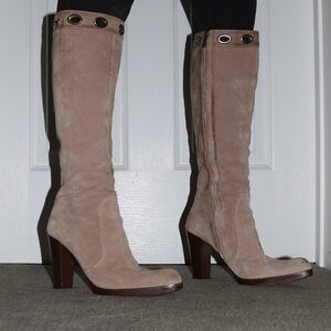 yves saint laurent tan suede grommet knee high boots